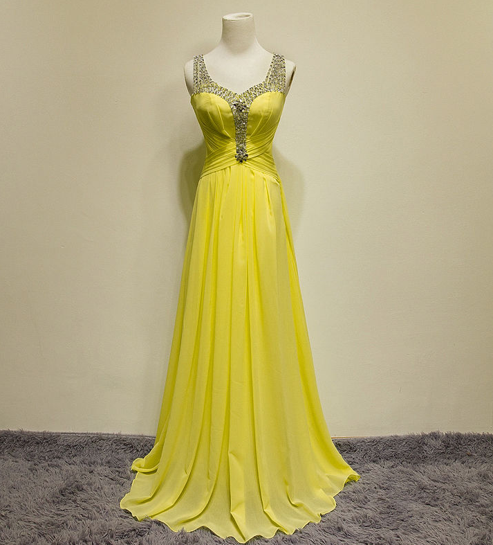 Yellow Chiffon Prom Dresses, Beading Prom Dress, Sleeveless Evening Dress, Graduation Dresses, Evening Dresses，evening Dresses,formal Gowns