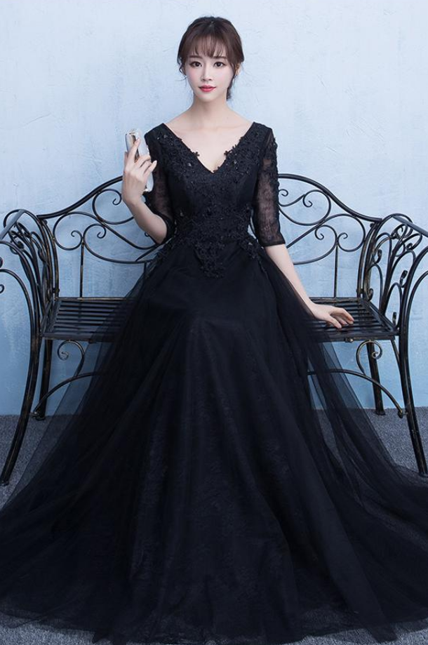 Black Half Sleeves Lace V Neck Prom Dresses Evening Party Dress Gowns,p2204