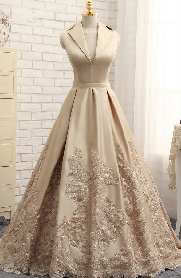 A-line V-neck Cap Sleeves Satin Appliques Lace Prom Gown Long Formal Evening Dresses,p2120