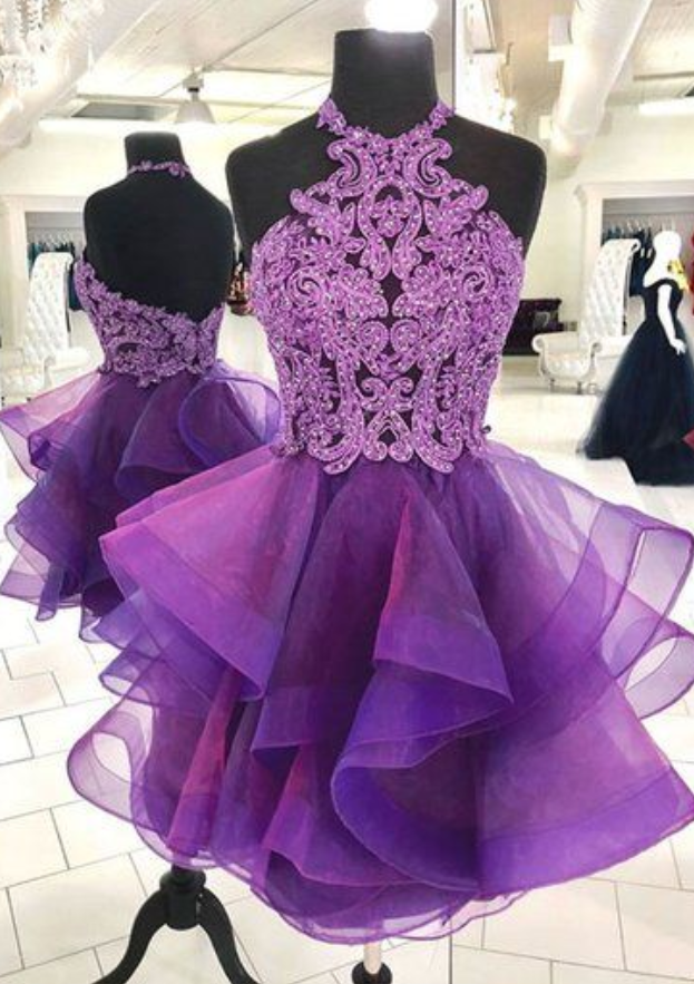 Cute Purple Tulle Lace Short Prom Dress, Purple Homecoming Dress