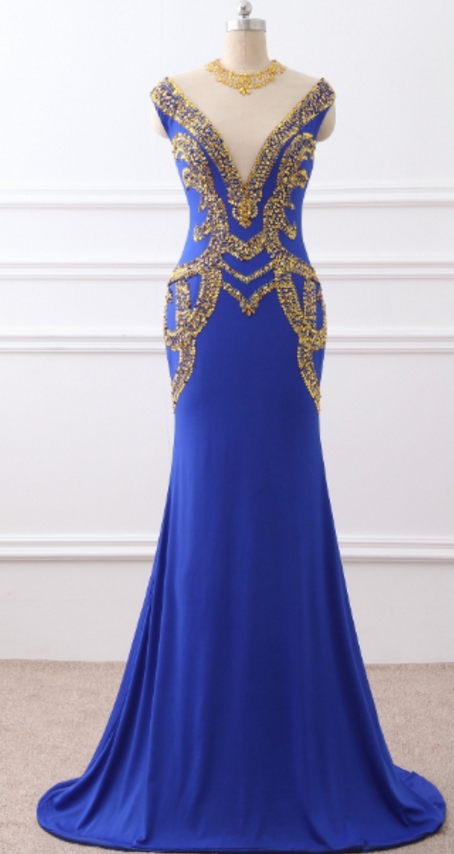 Night Of The Mermaid Prom Dress, The Royal Blue Jersey, With The Golden Beaded Hallway, The Evening Gown