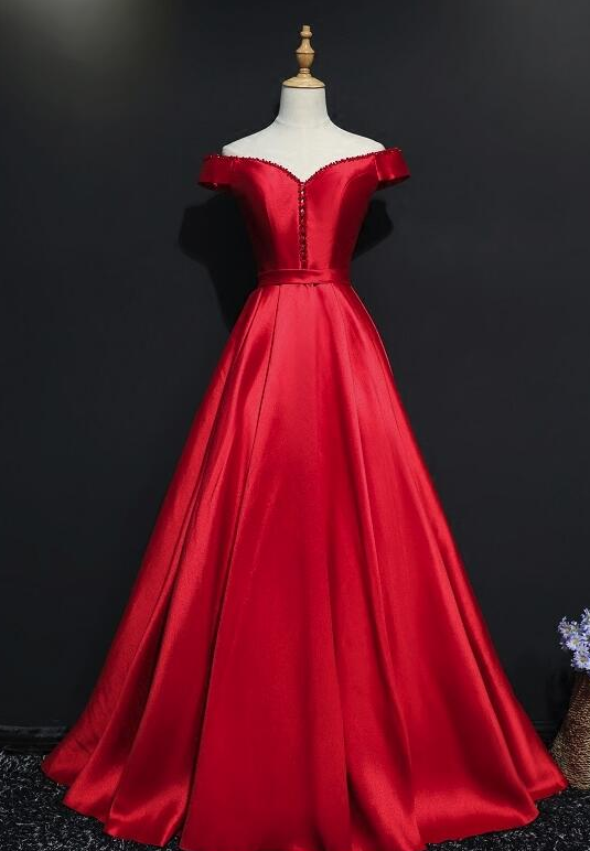 Red Satin Off Shoulder Beaded Long Formal Dress,prom Party Gowns,evening Dress