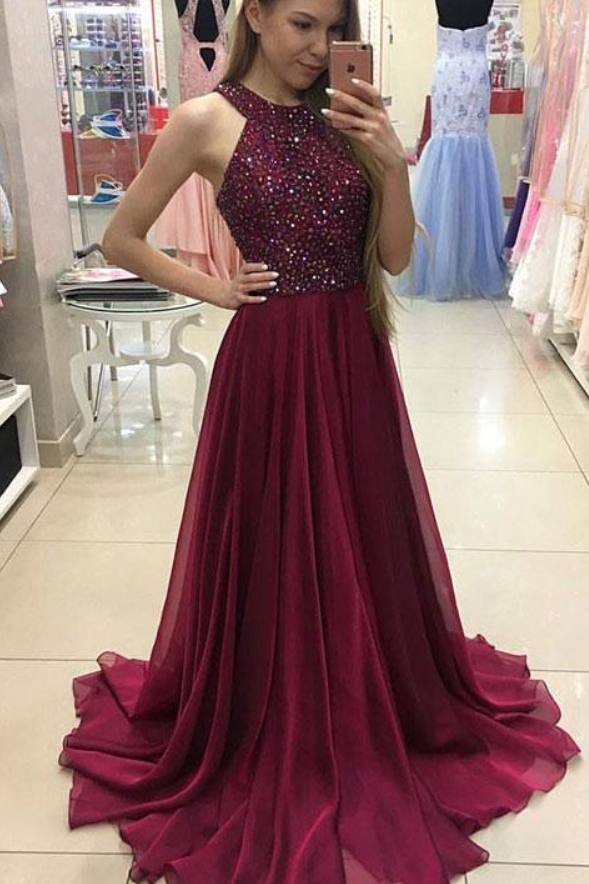 Fashion Lux A Line Halter Burgundy Chiffon Long Prom Dresses simple Pageant Dresses
