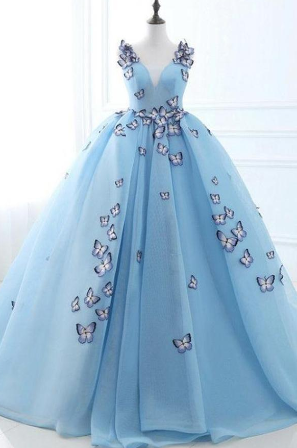blue butterfly quince dress Misshow Baby Blue Ball Gown Off-Shoulder Sleeveless Tulle Quinceanera Dress with Beaded Sequins & 3D Butterfly Appliques