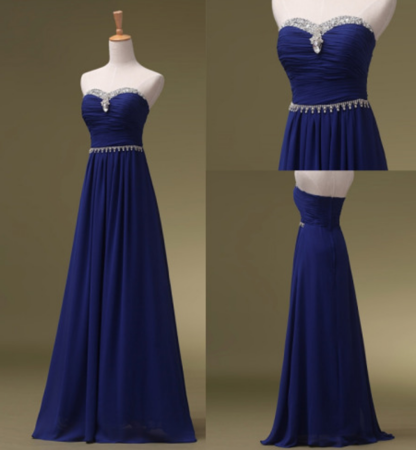 Royal Blue Beaded Embellished Ruched Sweetheart Chiffon Floor Length A-line Formal Dress, Prom Dress