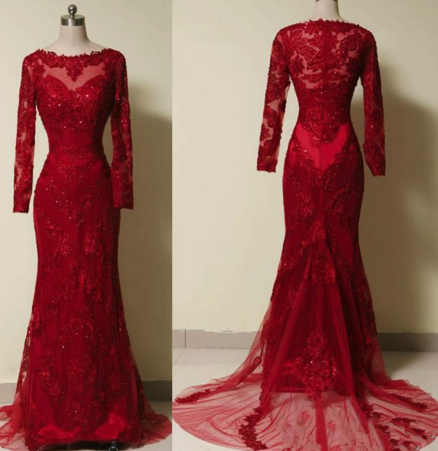 Style Backless Lace Red Prom Dresses With Long Sleeves Beaded Bodice Pretty Mermaid Evening Prom Dress