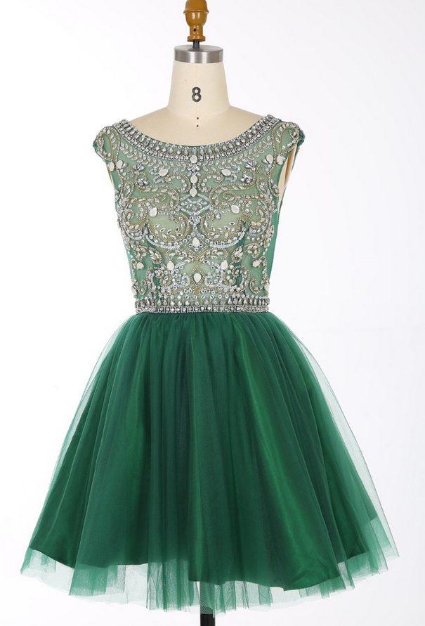 Green Beaded Embellished Round Neck Sleeveless Short Tulle Homecoming Dress Featuring Plunge V Back, Formal Dress