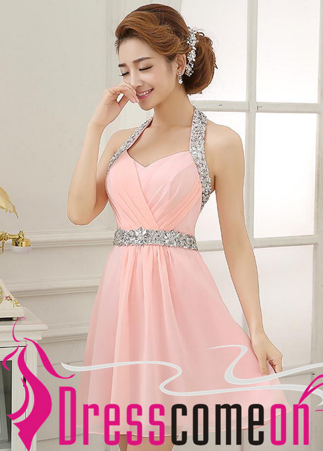 Blush Pink Homecoming Dresses Glittering Halter Beading Short Light Pink Party Dress For Teens