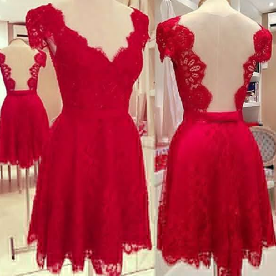 Short Red Homecoming Dress A Line V Neckline With Sleeves Lace Backless Prom Dresses For Junior Teens