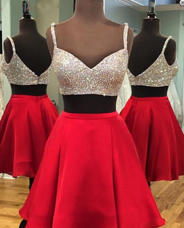 Two Piece Short Red Homecoming Dress With Sparkly Top