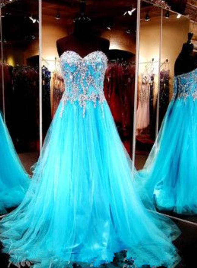 Stunning Sweetheart Bodice Beaded Blue Tulle Long Prom Dress,a Line Lace Back Up Prom Gown, Handmade Evening Gowns