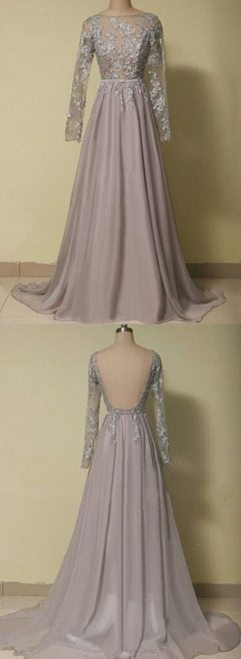 Custom Made Charming Chiffon Prom Dresses,sexy Backless Evening Dresses,long Sleeves Prom Dresses,beading Appliques Evening Dress