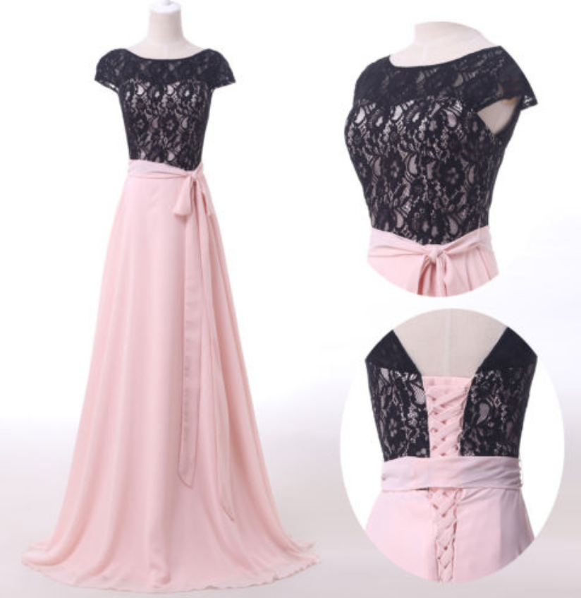 Cap Sleeved Lace A-line Long Prom Dress. Evening Dress, Bridesmaid Dress Featuring Lace-up Back And Bow Accent