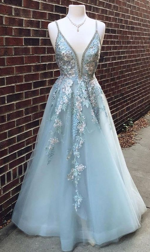 A Line Spaghetti Straps Light Blue Prom Dress With Beading Appliques,prom Dresses