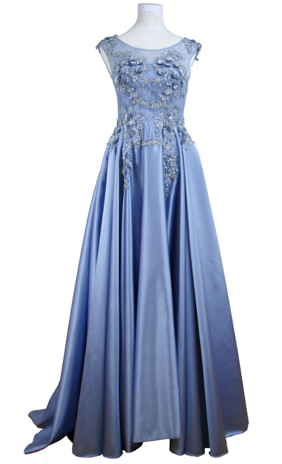Appliques Lace 3d Flower Blue! Sleeveless Dress, Formal Evening Gown ,floor Length ,sweep Train Prom Dresses