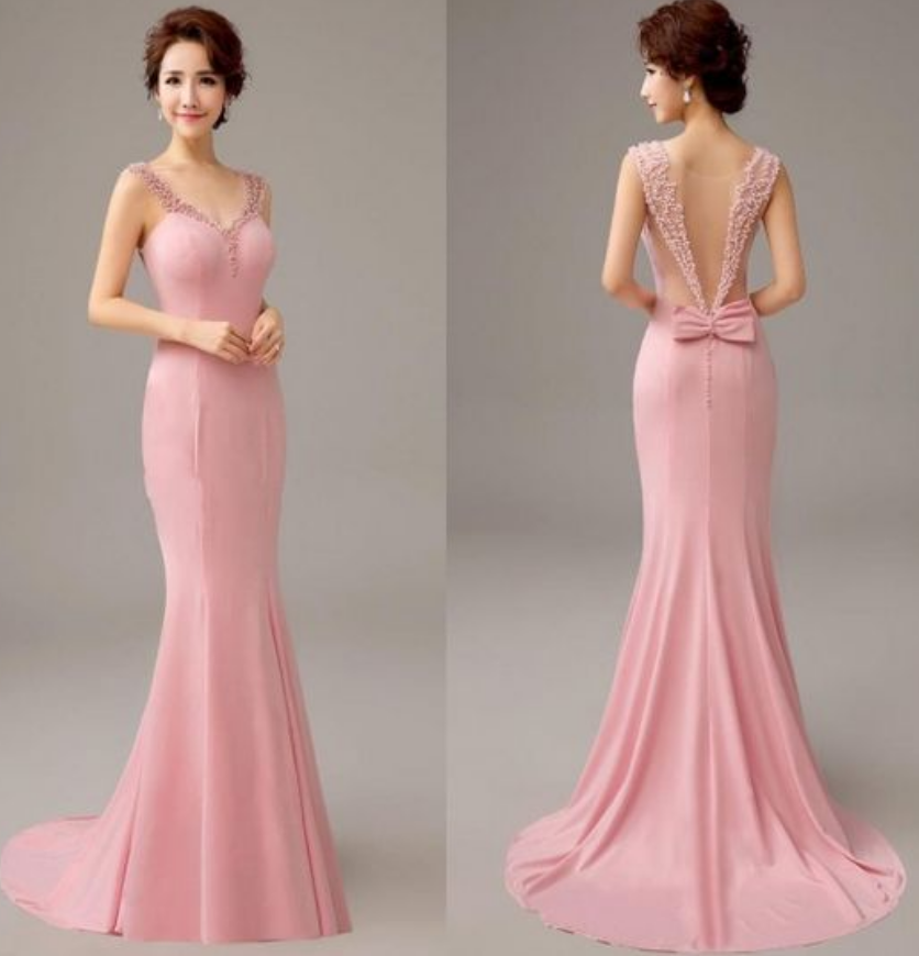 Stretch V-neck Neckline Full-length Mermaid Evening Dresses, Long Prom Dresses