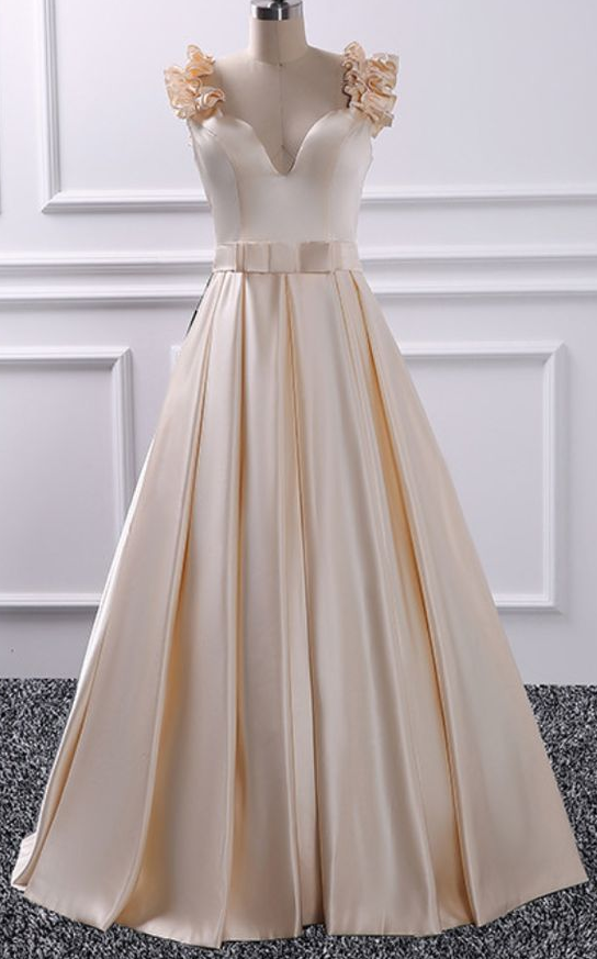 V Neck Champagne Prom Dress ,Flower Shoulder Prom Dresses with Belt, Party Dresses, Evening Dresses,Floor Length Prom Gowns