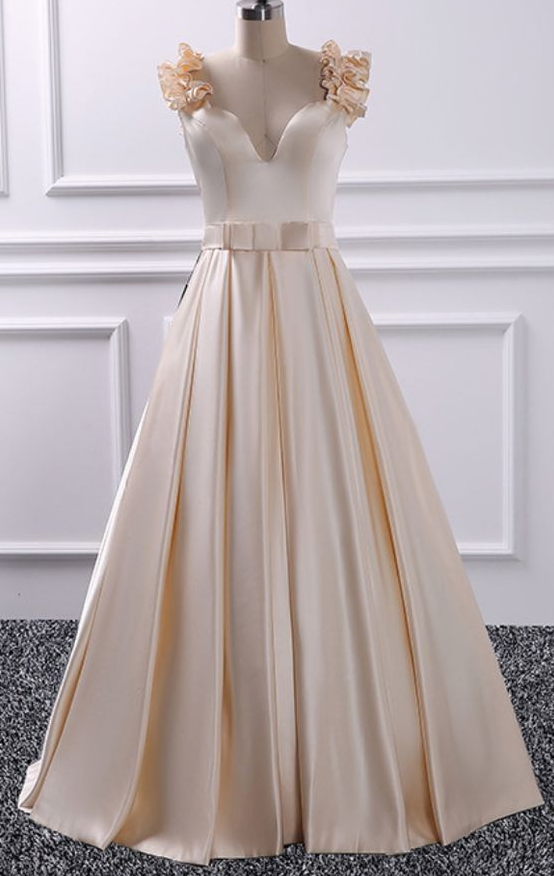 V Neck Champagne Prom Dress ,Flower Shoulder Prom Dresses with Belt, Party Dresses, Evening Dresses,floor Length Prom Gowns