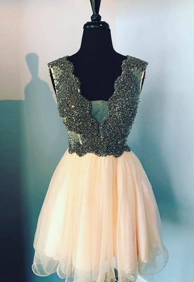 Cute V Neck Champagne Tulle Beads Short Prom Dress, Homecoming Dress