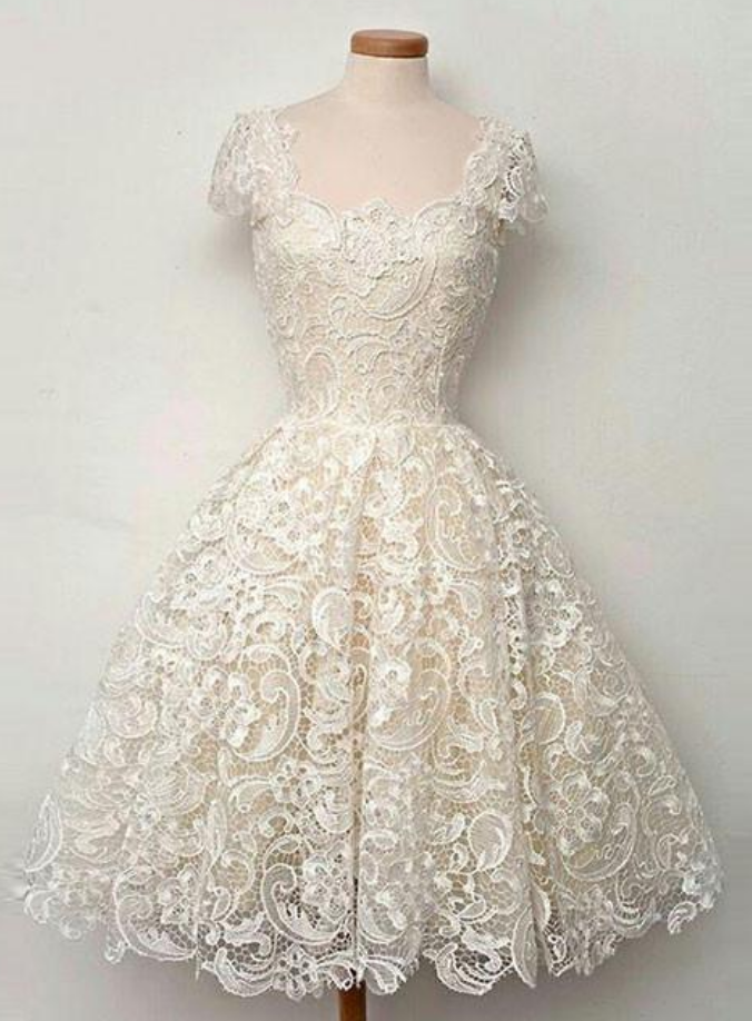 Cute White Lace Short Prom Dress, Lace Bridesmaid Dress