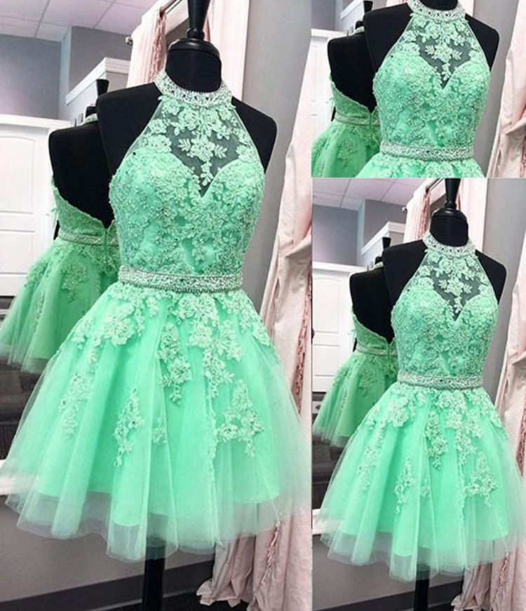Green Lace Short Prom Dress, Green Homecoming Dress