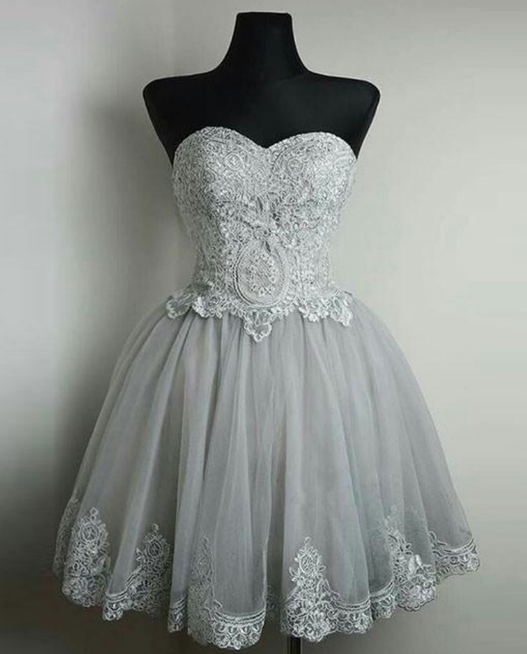 Cute Gray Tulle Lace Short Prom Dress, Gray Homecoming Dress