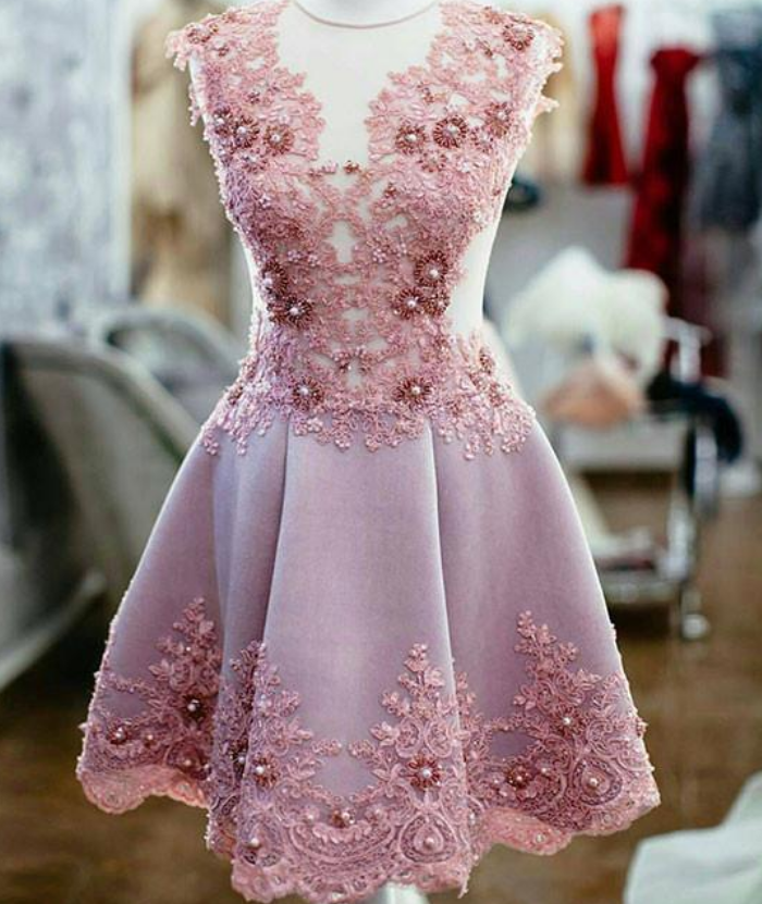 Cute Pink Lace Tulle Short Prom Dress Homecoming Dress PD144