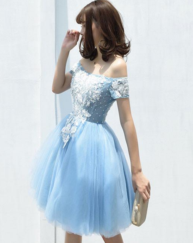 Cute Tulle Blue Lace Applique Short Prom Dress, Cute Homecoming Dress
