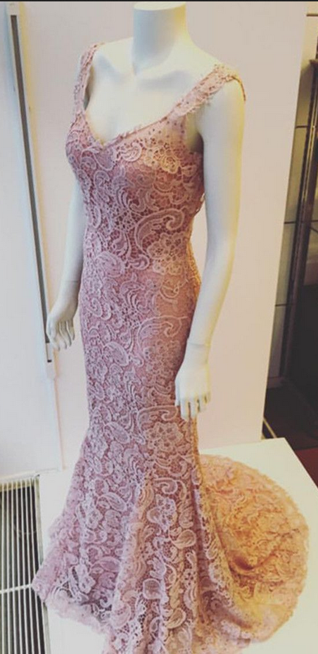 Elegant Pink Lace Prom Dress, V-neck Mermaid Prom Dresses,backless Evening Gowns
