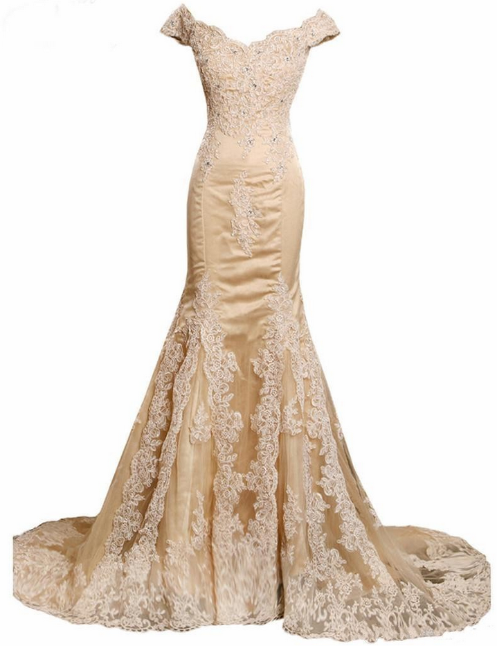 Elegant Champagne Mermaid V-neck Prom Dresses Appliques Beading Tulle ...