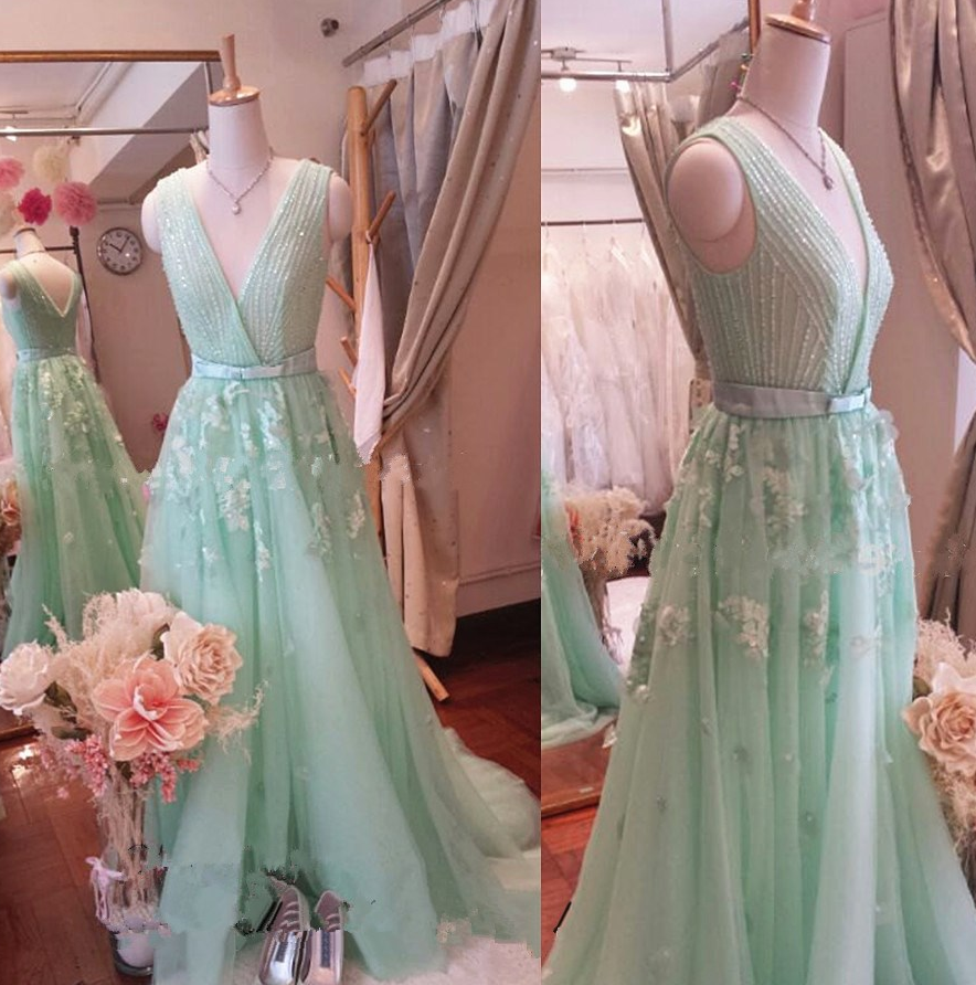 Prom Dresses, Custom Made Mint Green Chiffon Prom Dress,appliques Evening Dress,v-neck Party Dress,chiffon Prom Dress,high Quality