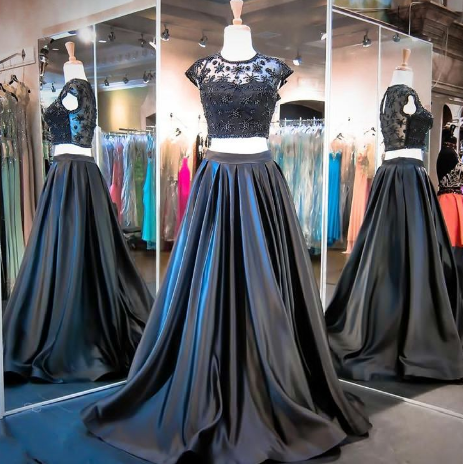 2015 Real Iamge Picture Prom Dresses A-line Two 2 Pieces Sheer Bodice Lace Hollow Back Long Formal Prom Party Gowns