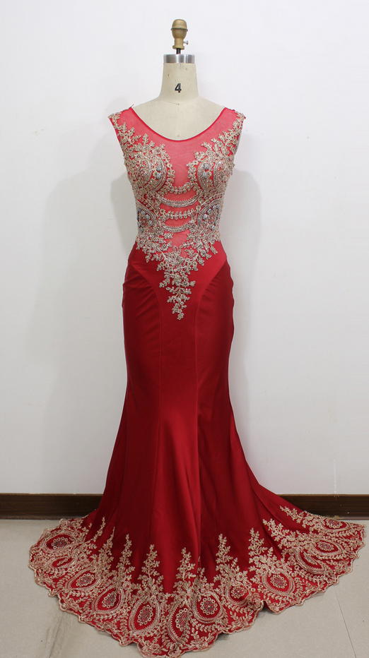  2016 Real Image/Picture Mermaid Prom Dresses Red Sheer Neck Appliques Hollow Back Long Formal Evening Party Gowns