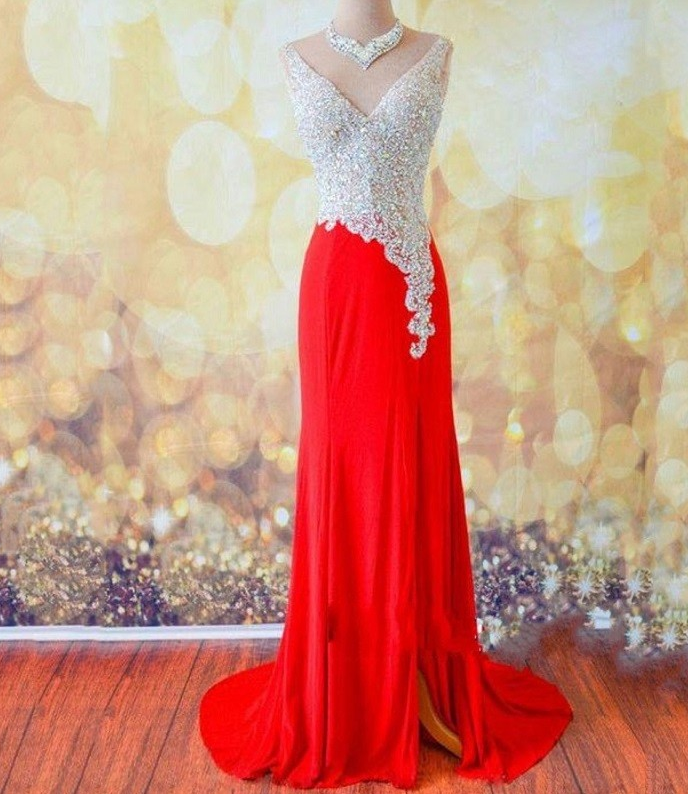 Sexy Red Prom Dresses V Neck Shining Crystal Open Back Evening Gown A Line Silt Side Chiffon Vestidos De Festa 2016 Custom Made