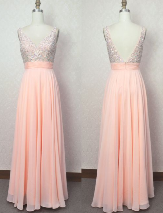 Beaded V-neckline Prom Dresses,blush Pink Evening Party Dresses,v-back Beaded Graduation Dresses