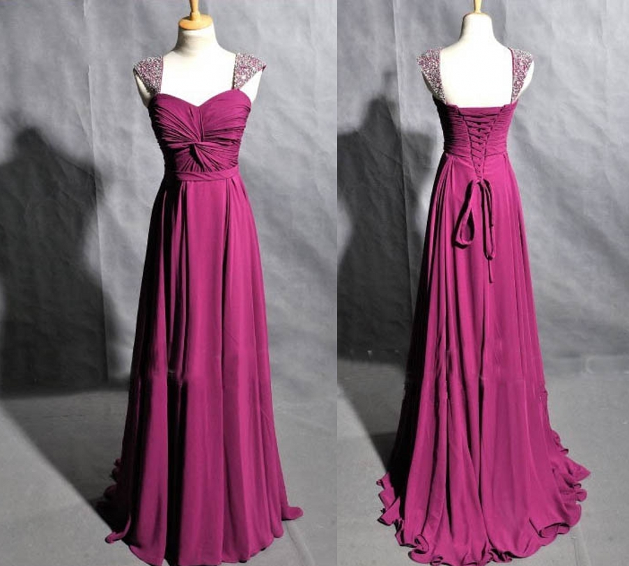 Beaded Cap Sleeves Prom Dress, Graduation Dress,purple Evening Dress,cap Sleeves Prom Gowns