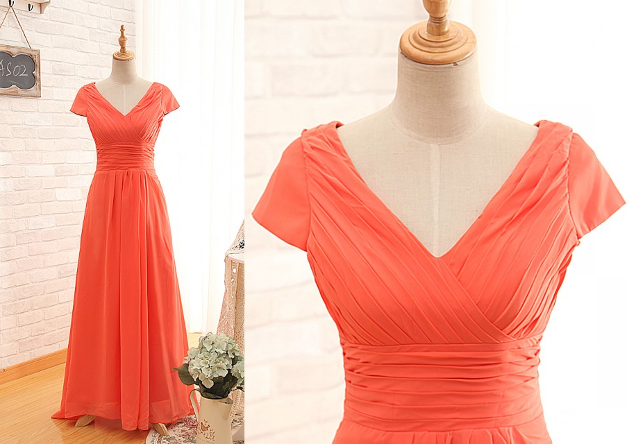 Short Sleeves V-neckline Orange Bridesmaid Dress,custom Prom Dress