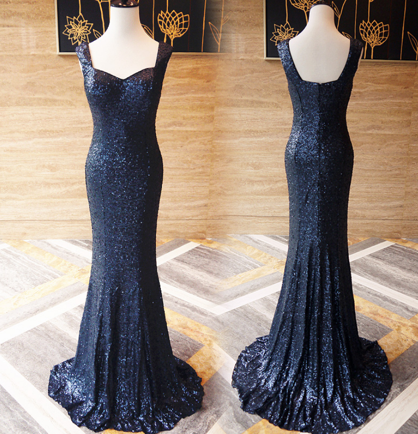 Floor Length Straps Sweetheart Navy Blue Sequins Prom Dress,occasion Dress, Evening Party Dress