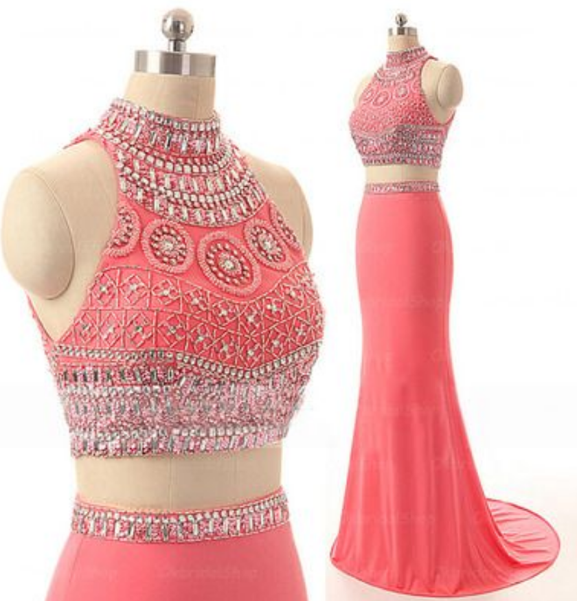 Two-Tone Beaded Lace Jersey Mermaid Sexy See-through Top Prom Dress