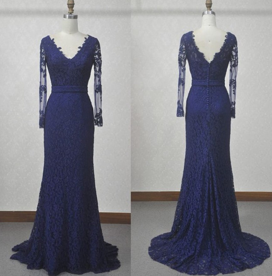 Royal Blue Lace Prom Dress,long Sleeves Lace Prom Gown,royal Blue Lace Evening Party Dress,long Sleeves Lace Graduation Dress