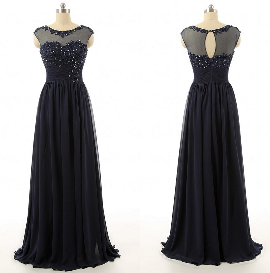 Deep Navy Blue Lace Bridesmaid Dress,modest Lace Prom Dress,illusion Chiffon Navy Blue Evening Party Dress