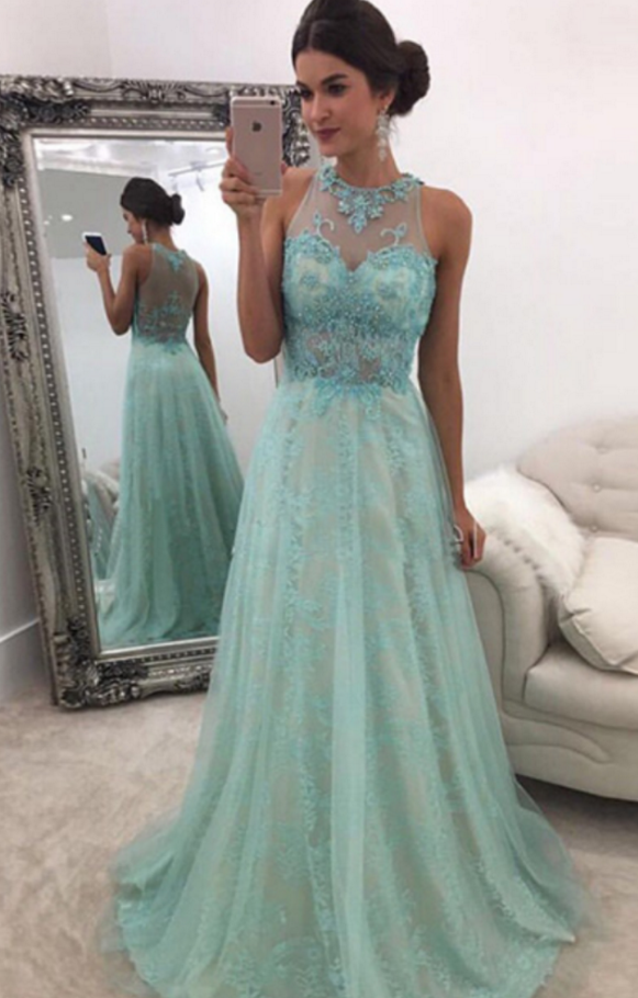 Prom Dresses,prom Gown,aqua Prom Dress, Lace Prom Dress,prom Dress See-through, Prom Dress Long,formal Dress,evening Dress