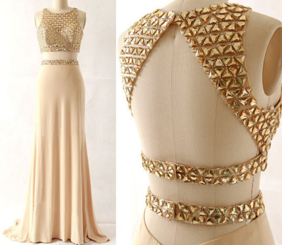 Sexy Two Piece Prom Dress,beaded Keyhole Back Occasion Dress,sexy Open Back Graduation Dress,champagne Evening Dress