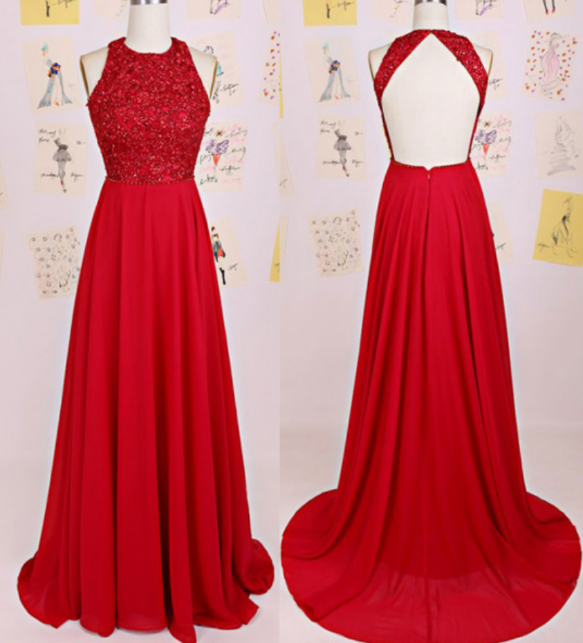 Keyhole Back Red Sequins Prom Dress,fashion Open Back Sequins Graduation Dress,a-line Chiffon Evening Party Dress