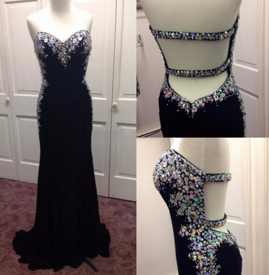 Sweetheart Backless Prom Dresses, Sexy Prom Dress, Black Chiffon Prom Dresses, Chiffon Prom Dresses, 2016 Prom Dresses,beaded Crystal Chiffon