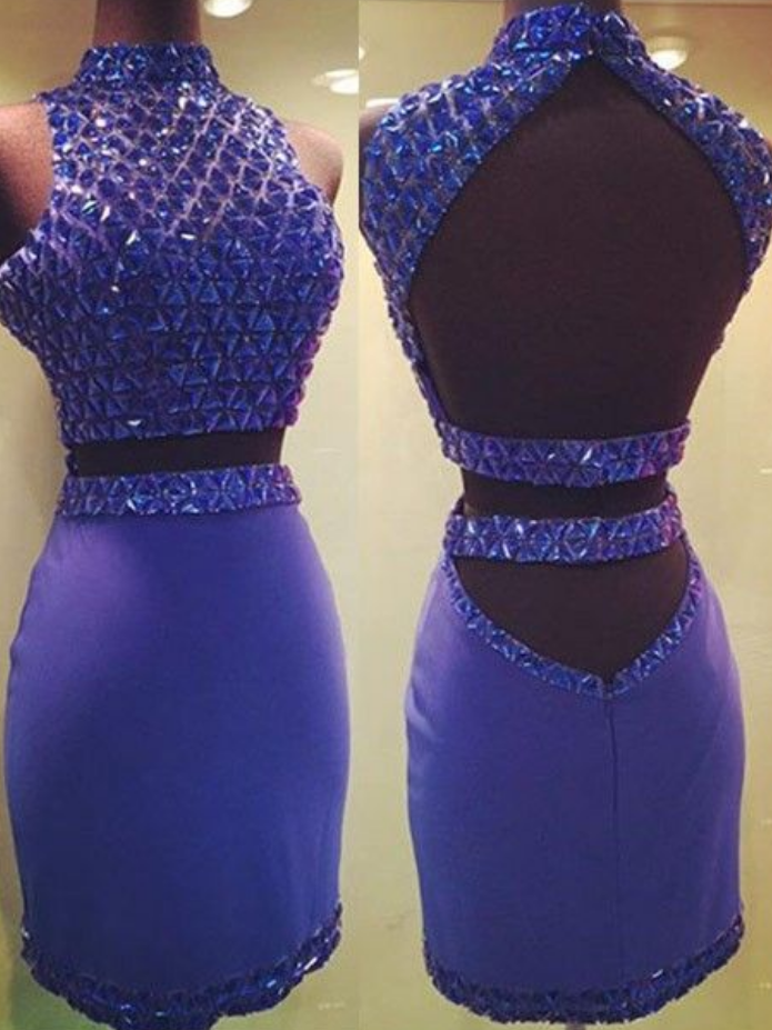 High Neck Beading Two-pieces Short Prom Dresses ,mini Homecoming Dresses ,cocktail Dress