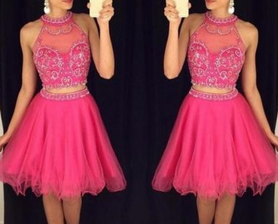 2016 Most Popular Two Pieces Homecoming Dresses, Pink Prom Dresses, Halter Evening Dresses, Sexy Cocktail Dresses,mini Party Dresses For Juniors