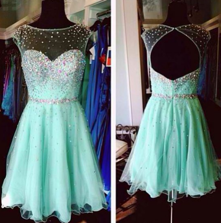Customized Beautiful Mint Green Homecoming Dresses,tulle Cocktail Dresses, Backless Beaded Short Homecoming Dresses