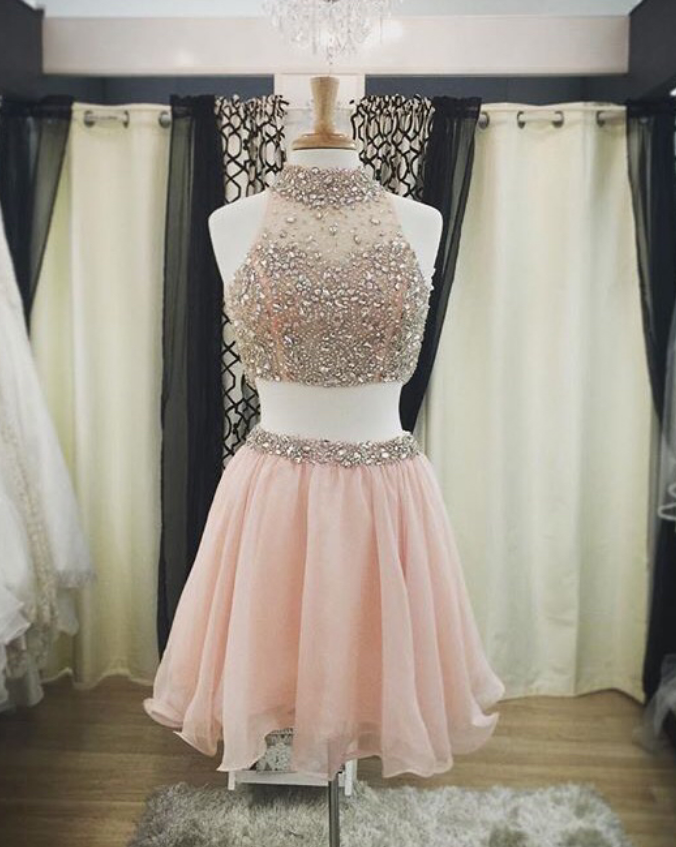 2016 Organza Homecoming Dresses,elegant Evening Dresses,beaded Pink Cocktail Dresses,2 Piece 2016 Popular Prom Dresses