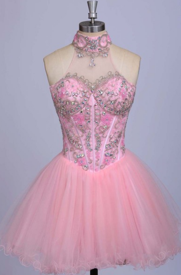 A-line Pink Homecoming Dresses,beaded Prom Dresses,sexy Halter Homecoming Dresses,tulle Evening Dresses